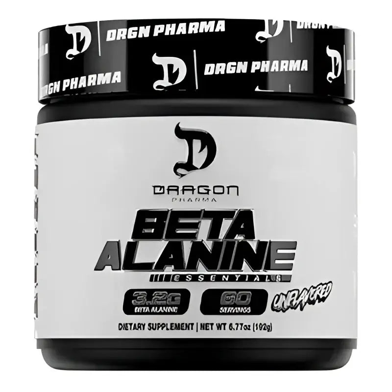 Envase blanco y negro de dragon pharma beta alanine suplemento dietético beta alanina para rendimiento deportivo
